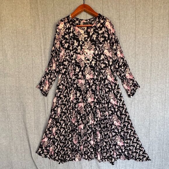 90s Vintage STARINA Black Pink Sage Green Moody Floral Long Sleeve MaxI Dress - Picture 1 of 13